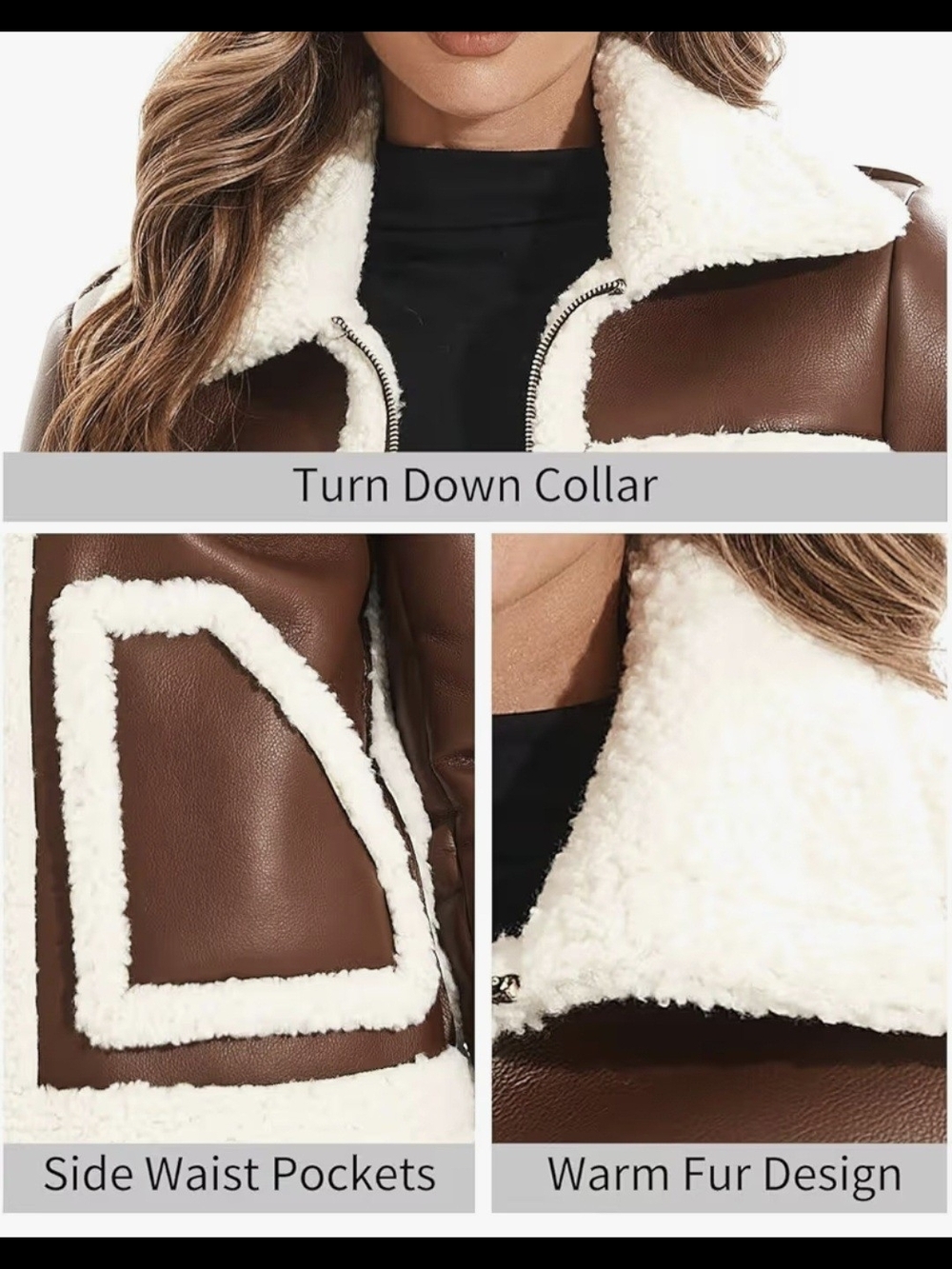 DIASHINY Faux Shearing Fur/Faux Leather Winter Coat #1285 - Picture 8 of 10